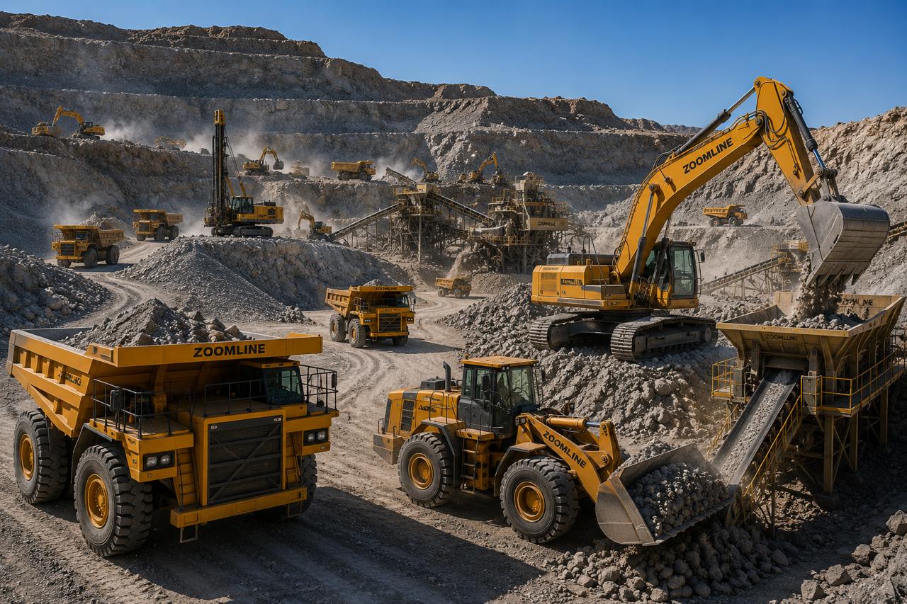 Haul trucks and excavators working benches at the limestone quarry