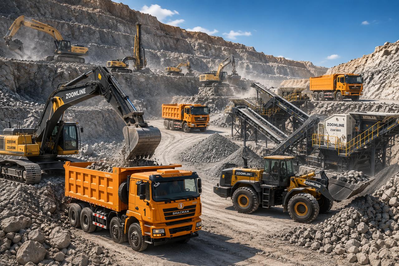 Excavators and haul trucks loading limestone at the quarry face
