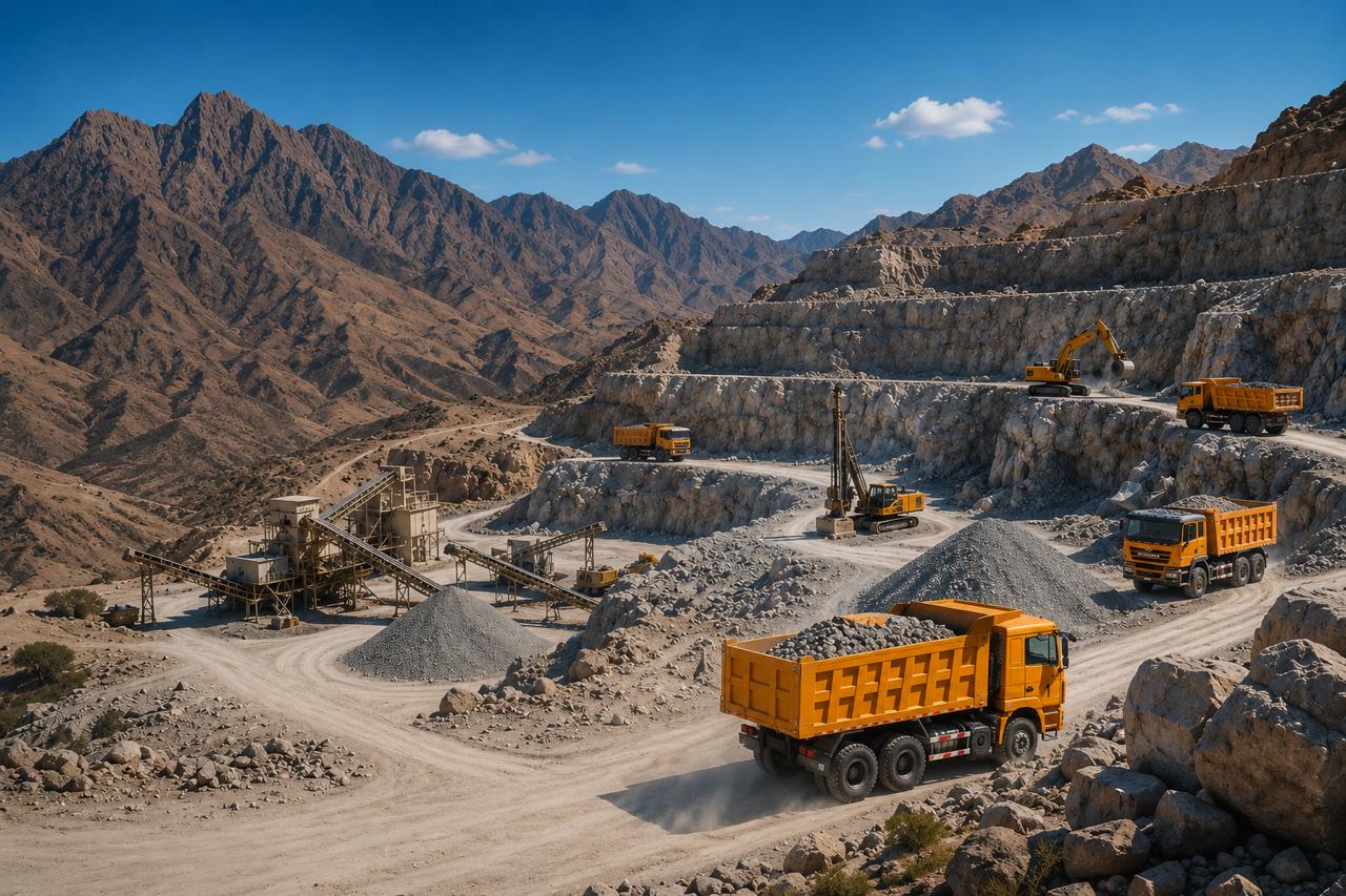 Terraced limestone quarry in the mountains of Wilayat Dhank, Oman
